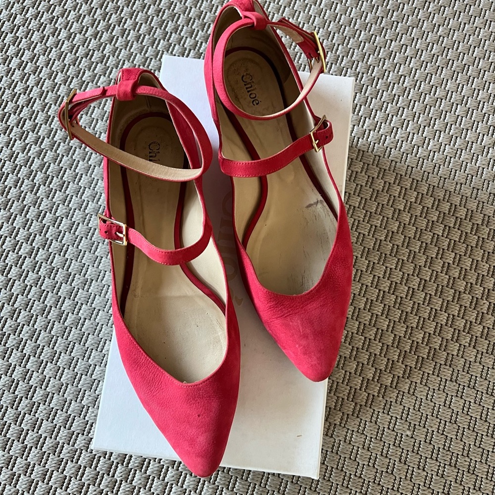 Chloe red suede flats with ankle strap